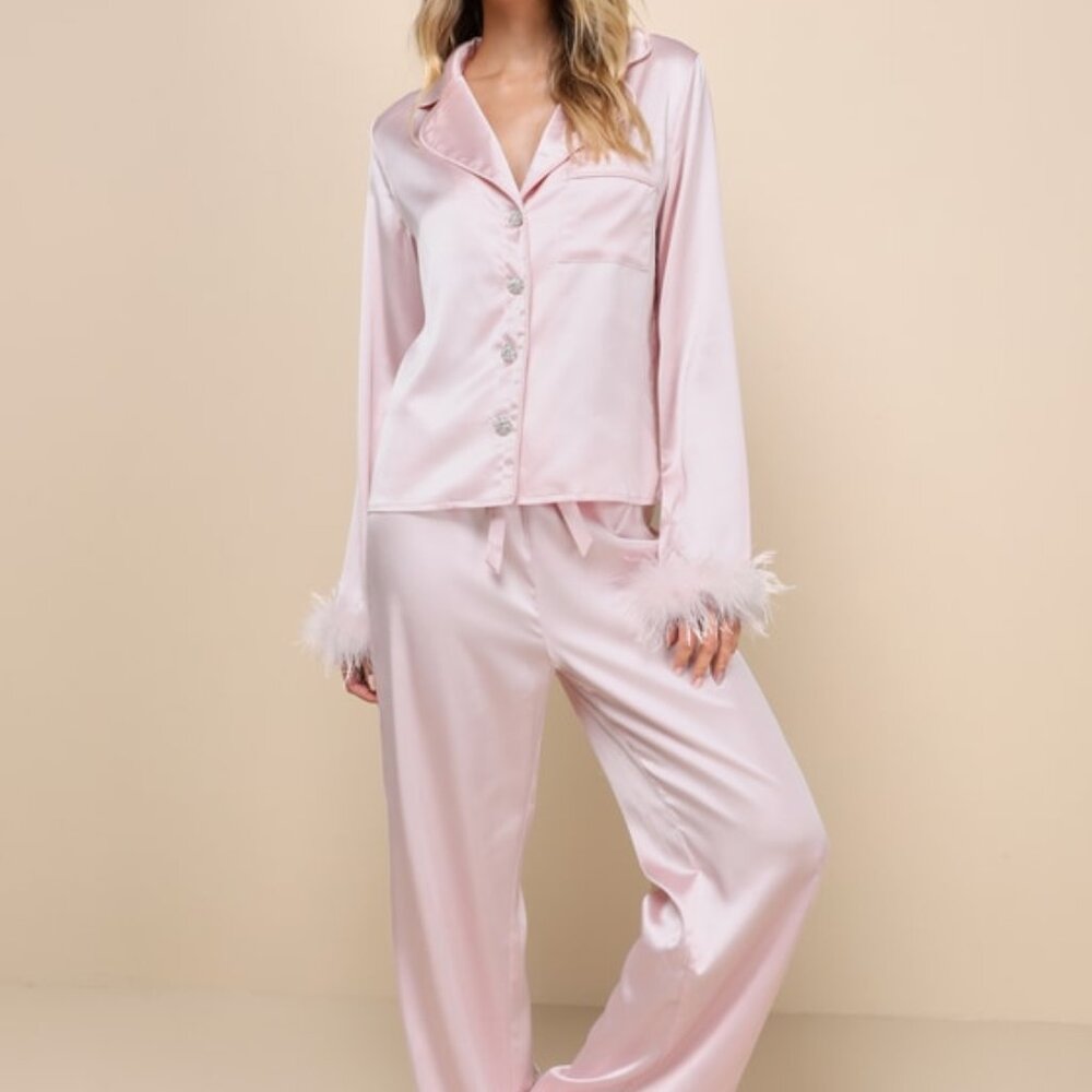 Lulus Dreamiest Delight Light Pink Satin Feather Two-piece Pajama Set - Size M